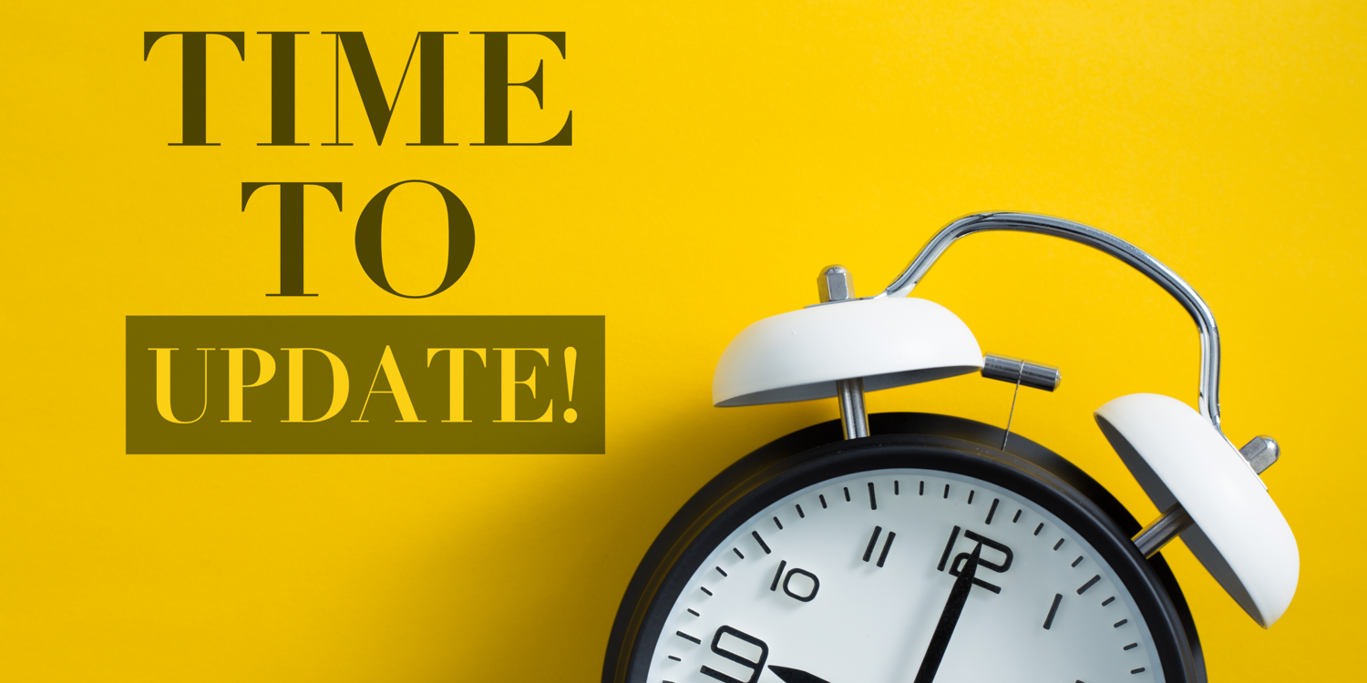 canva auf der linken Seite der in Großbuchstaben 'Time to Update!' geschrieben. Auf der rechten Seite sieht die Hälfte eines Weckers, der die Zeiger auf 10 Uhr gestellt hat