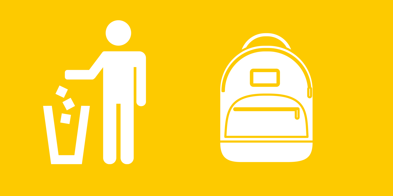 canva auf der linken Seite ist ein Piktogramm, das eine Person beim Wegwerfen von Müll in einen Mistkübel zeigt. Auf der rechten Seite ist ein Rucksack abgebildet.