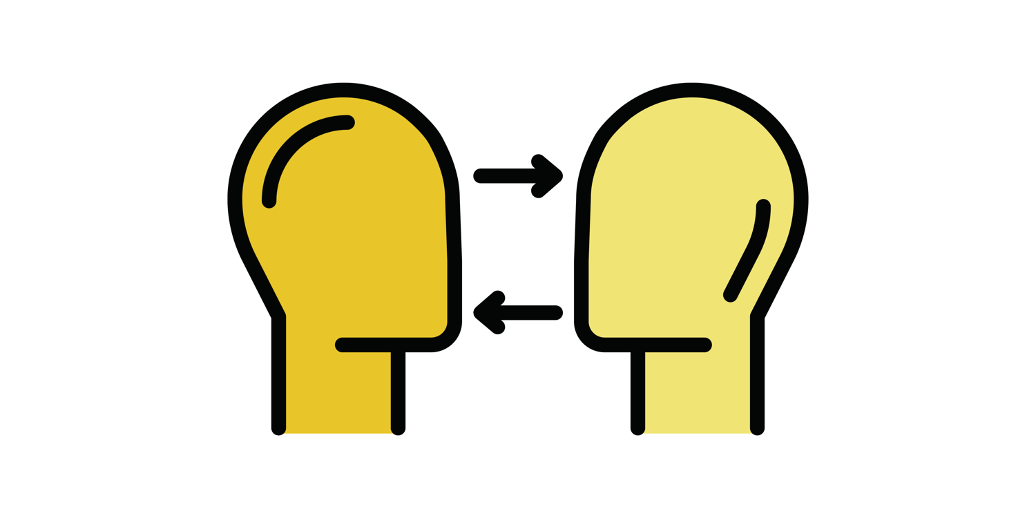 canva Zwei gezeichnete Personen, von denen man nur die Köpfe sieht, stehen im Austausch miteinander.